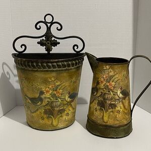 Floral Metal Planter & Flower Vase Pitcher Bird Home & Garden Decorative